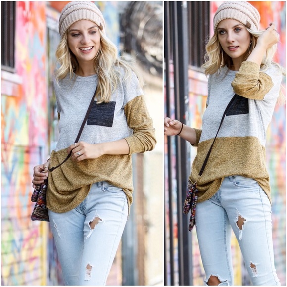 RESTOCK✨Long Sleeve Colorblock Tunic-mustard/gray - Picture 3 of 4